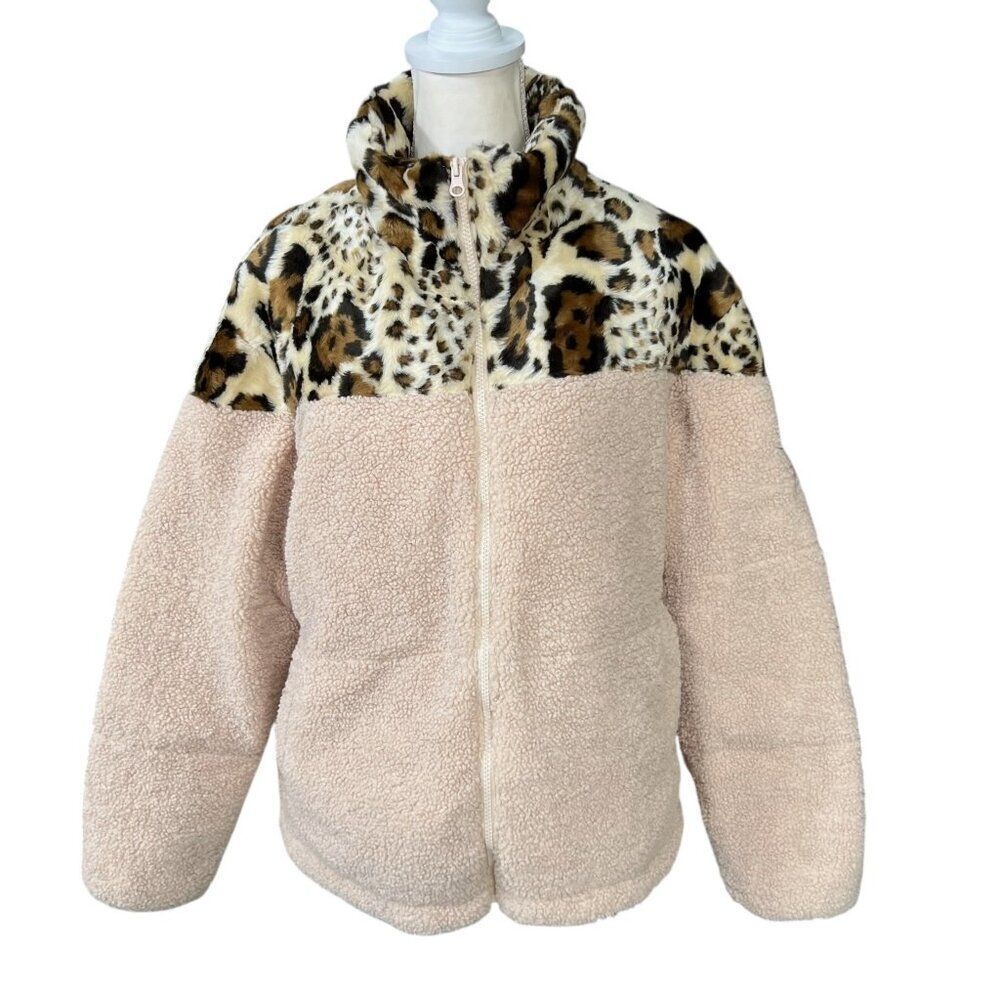 Orolay Leopard Beige Sherpa Teddy Jacket Goose Down Leopard Print Size Medium